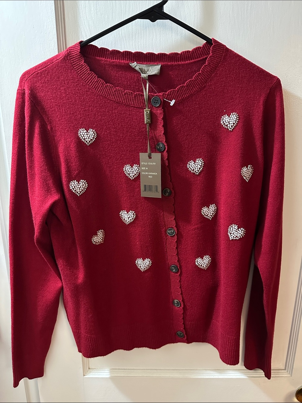 Milano Red Heart Pearl-Embellished Cardigan